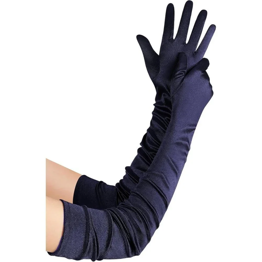 Women's Long Satin Gloves Navy Blue Stretchy Upper Arm Length Costume Design
